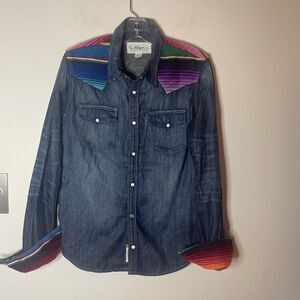 True Religion GEORGIA BAJA WESTERN Shirt Womens L Aztec Denim Pearl Snap Denim
